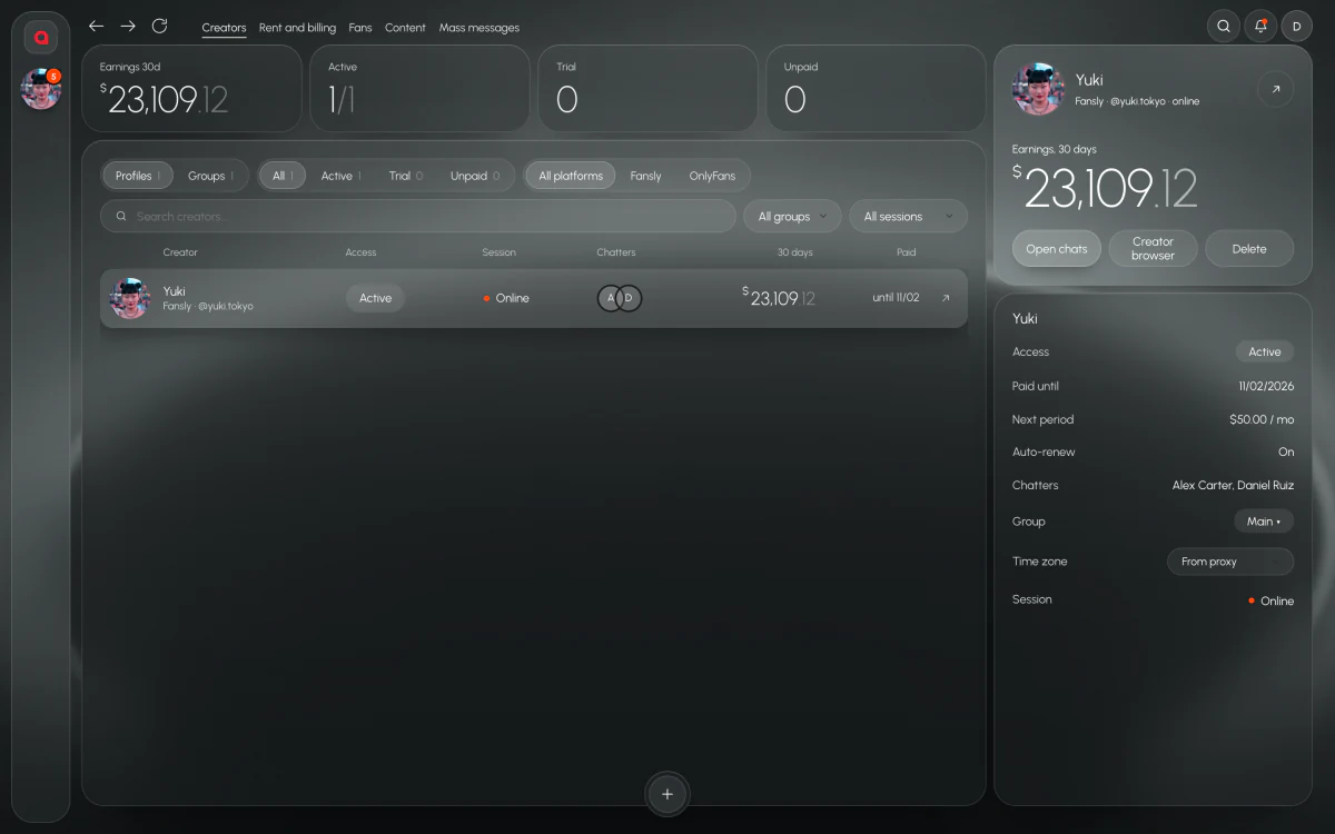Models: earnings, sessions, assigned chatters and billing