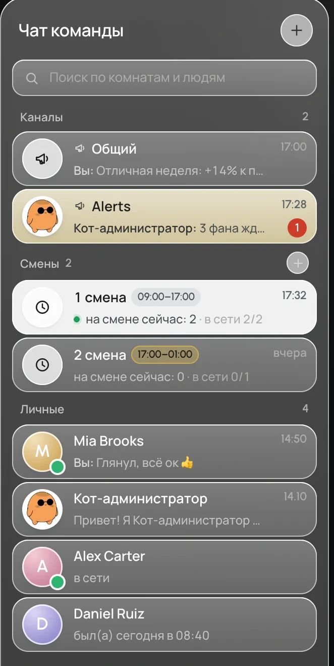 Team chat rooms: channels, shifts, DMs